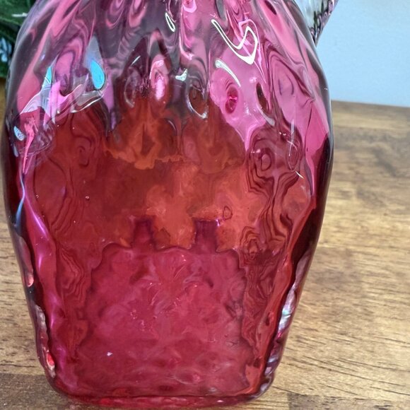 Vintage Cranberry Glass Diamond Thumbprint Pitcher‎ Twisted Clear Handle - Picture 6 of 7